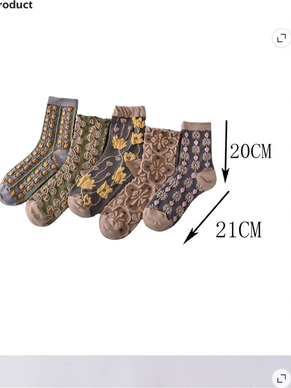 Embroidered Floral Crew Socks - Olive, Taupe, Gray, Mustard 5pc women’s new
